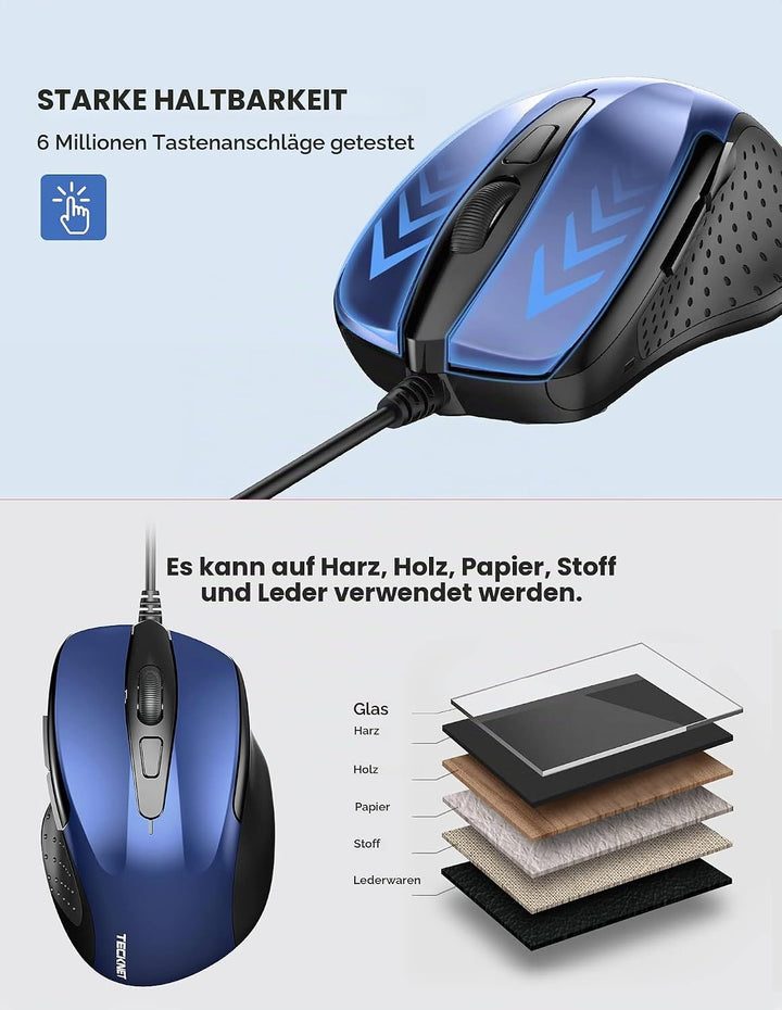 TECKNET Maus mit Kabel, Optical Business Mouse Verdrahtete Ergonomische Maus mit 6 Tasten, 2 Verstel
