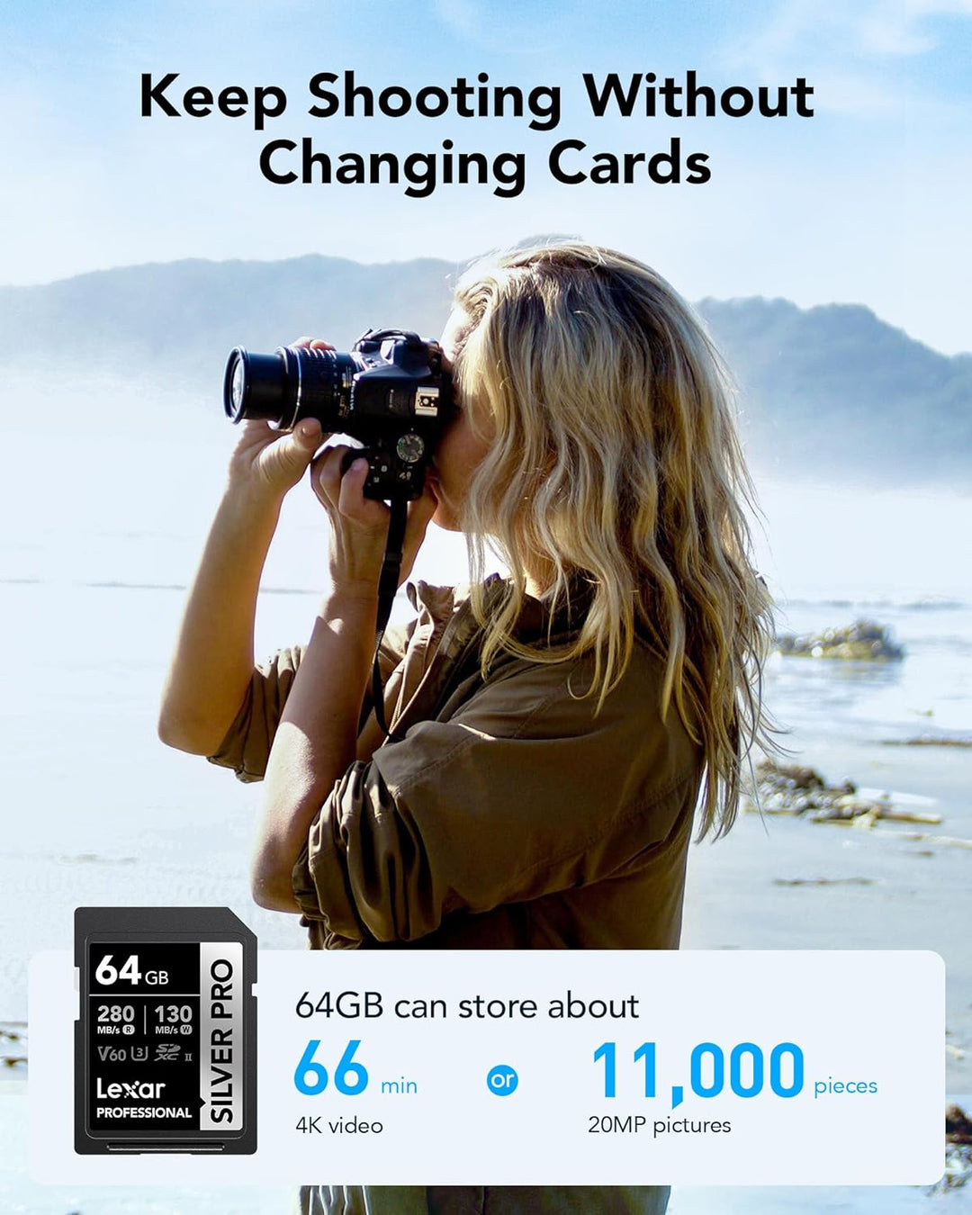 Lexar Silver Pro SD Karte 64GB, SD Speicherkarte UHS-II, V60, U3, C10, SDXC Karte, Bis zu 280 MB/s L