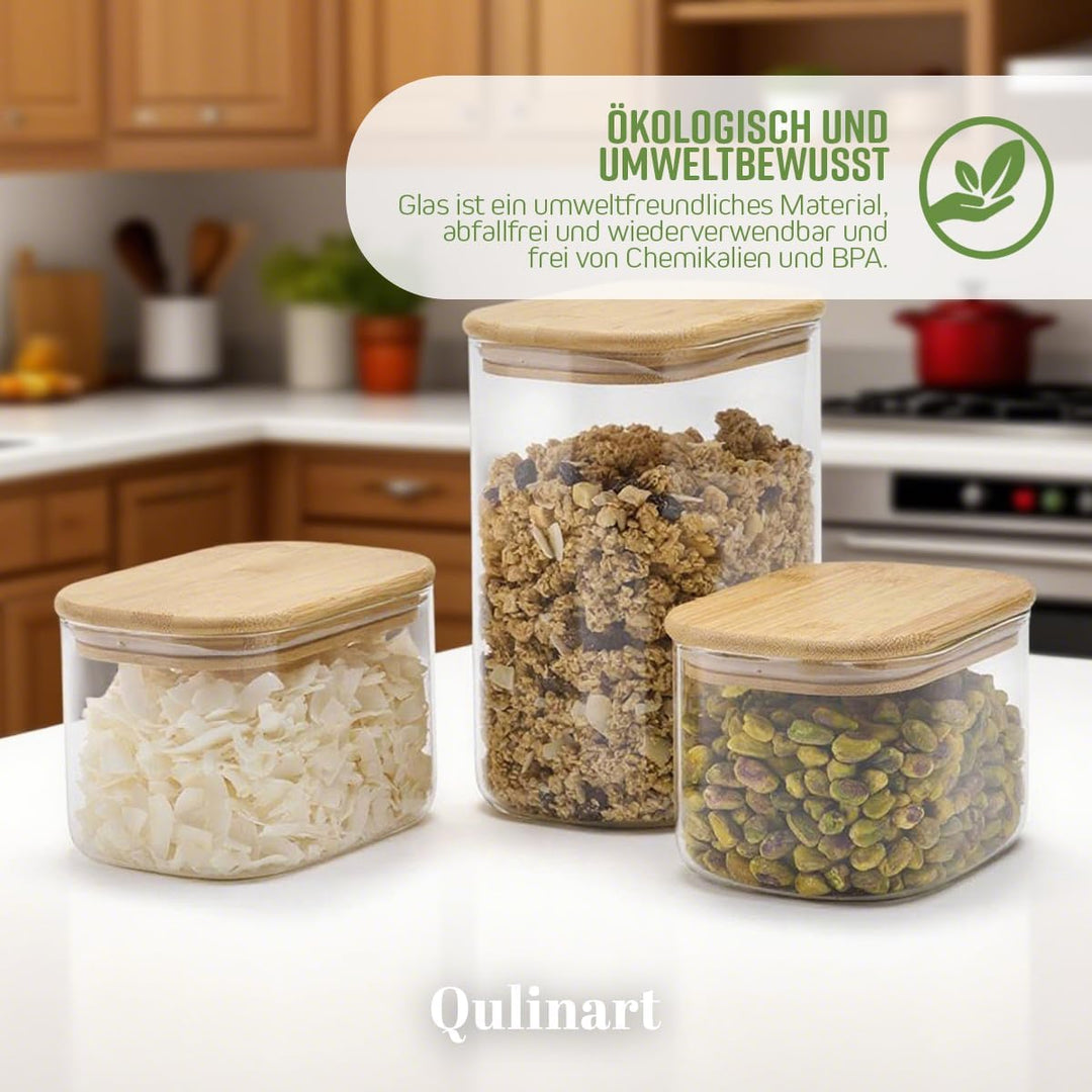 QULINART 3er-Set 1 l + 1 l + 2 l Borosilikatglasgläser mit luftdichtem Bambusdeckel, wiederverwendba