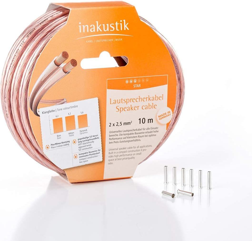 inakustik Lautsprecherkabel, 10m transparent, 2 x 2,5 mm², inkl. 8 Aderendhülsen, verlegefreundliche