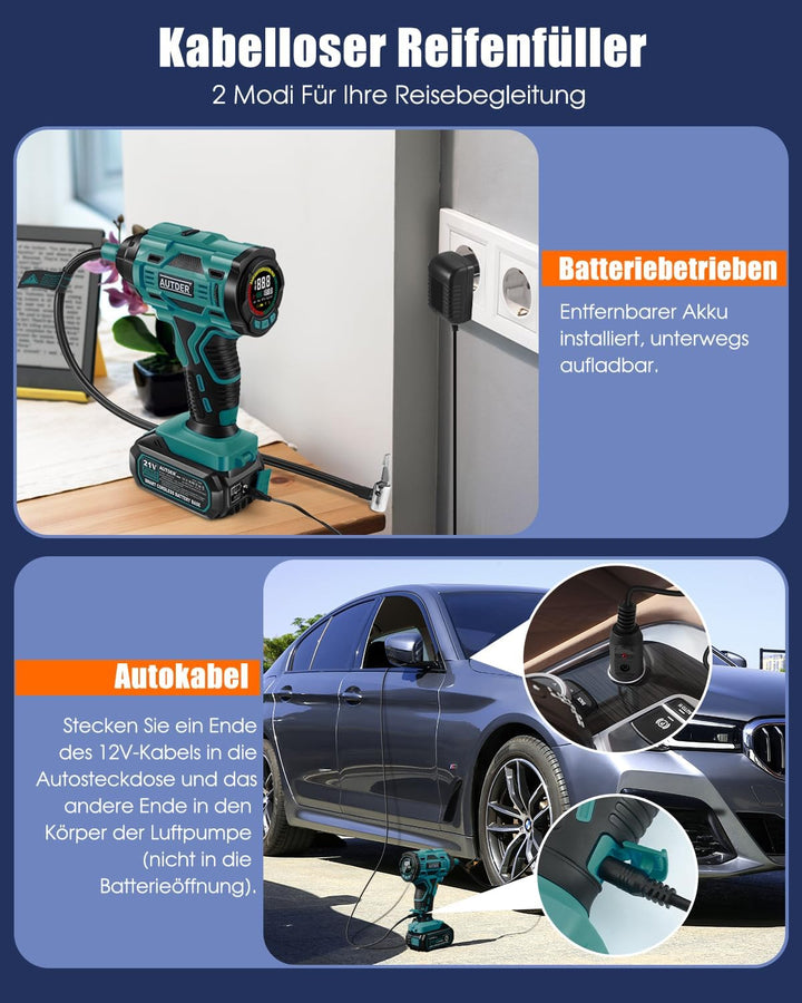 AUTDER 21V Akku Luftkompressor - 12,4 Bar/180 PSI Hochdruck Elektropumpe mit LED-Licht & Kühlsystem,