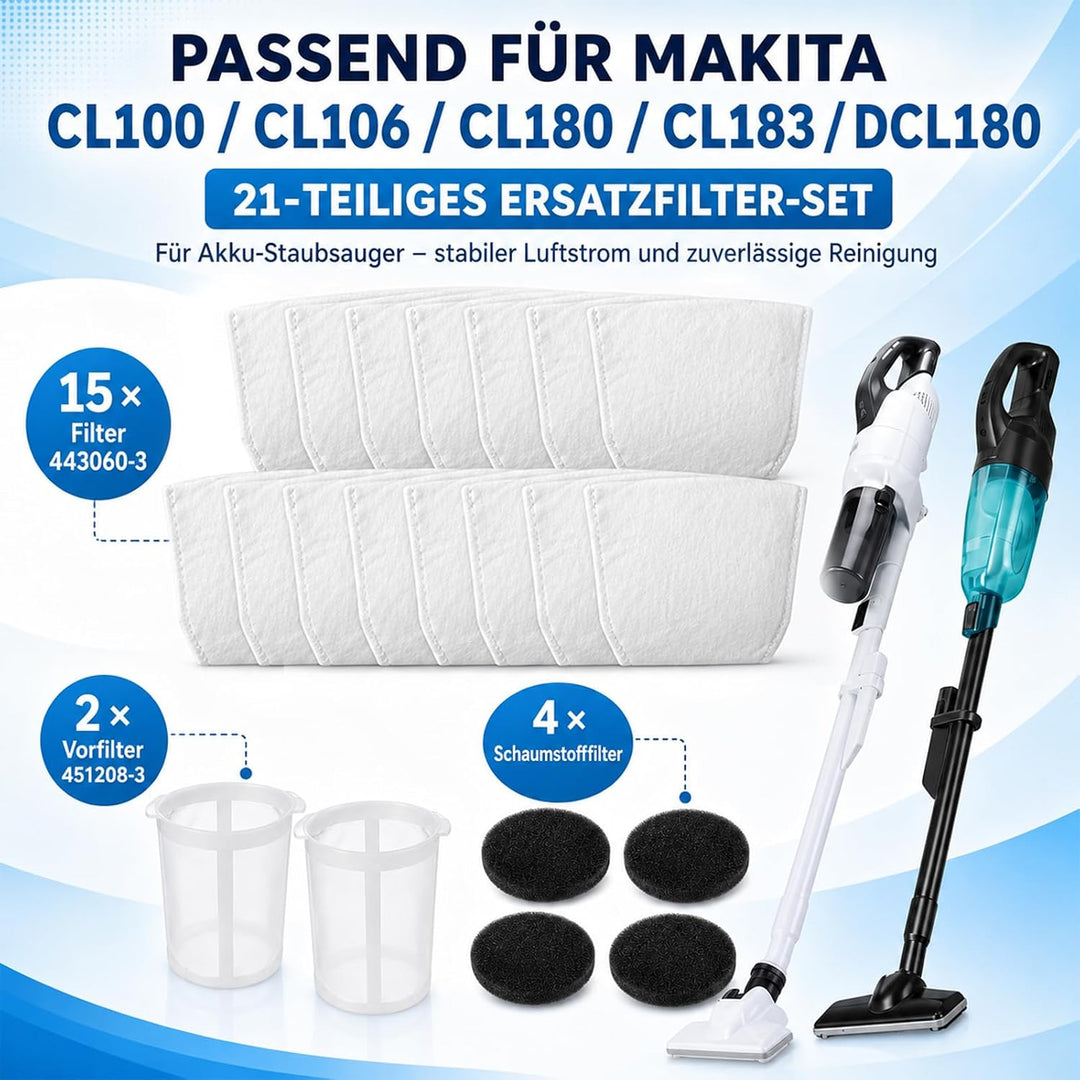 Staubsauger-Zubehörset kompatibel mit Makita CL100/106/180/183/DCL180 Akku-Staubsauger, 15 Filter 44