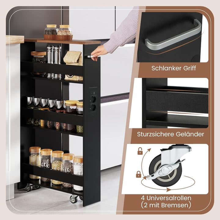 COSTWAY Nischenwagen 13cm breit, 4 Etagen Küchenwagen schmal mit Ladestation, Nischenregal auf Rolle