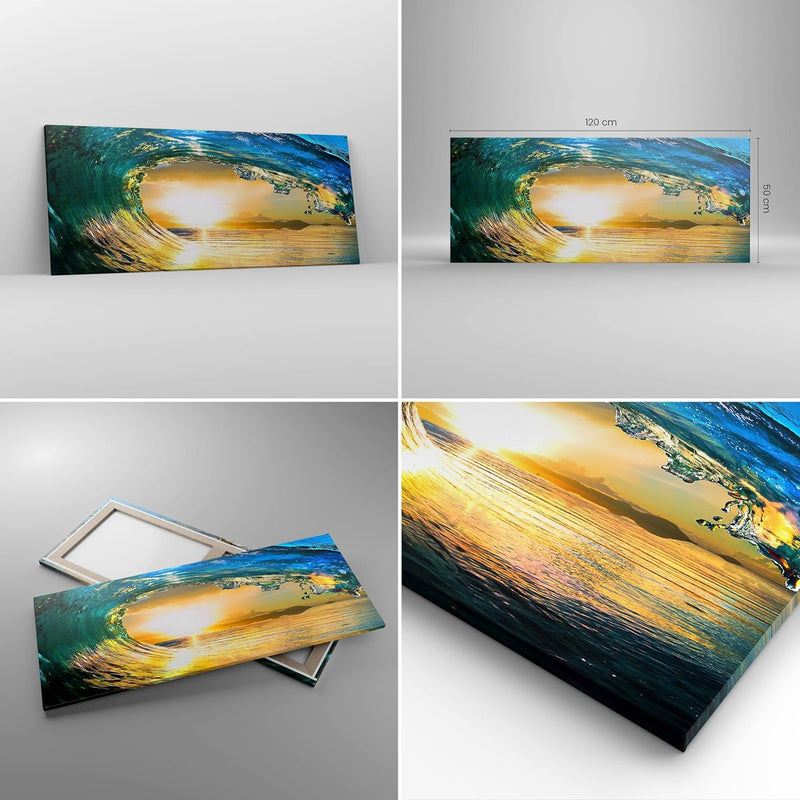 Wandbilder Dekoration Wohnzimmer Ozean Welle Sonne Klima Panorama Bilder auf Leinwand 120x50cm Leinw