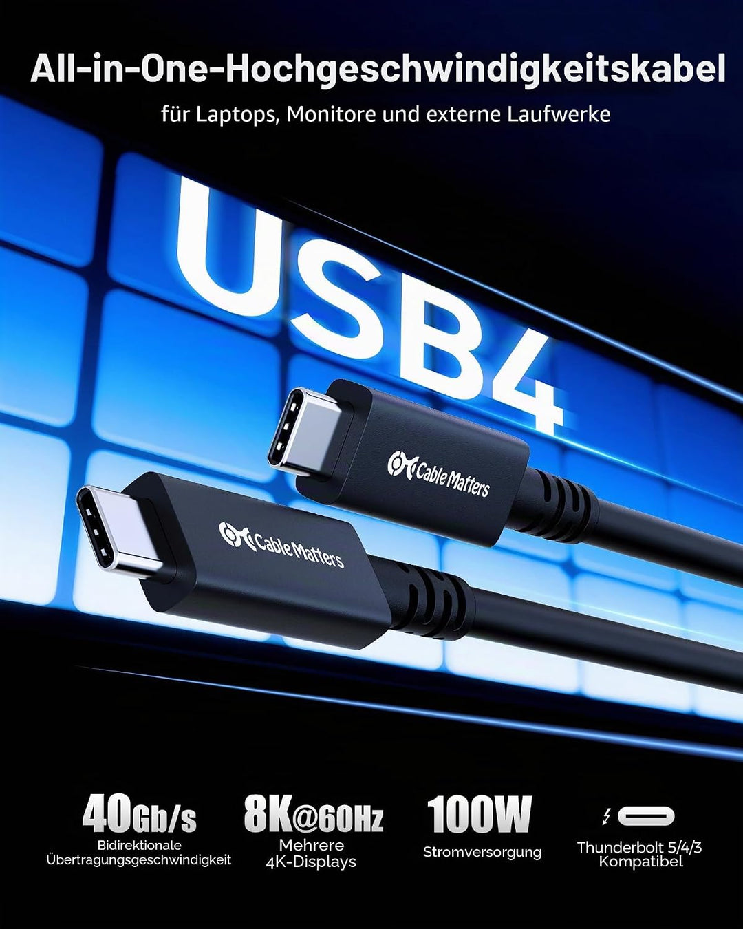 Cable Matters 40Gbps Active USB4 kabel 3 m, mit 8K Video & 100 W Ladeleistung, Kompatibel mit Thunde