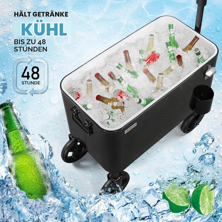 Bonnlo 57L Servierwagen mit Rollen, Getränkekühler – Mobiler Outdoor-Kühlwagen mit langem Griff, Abl