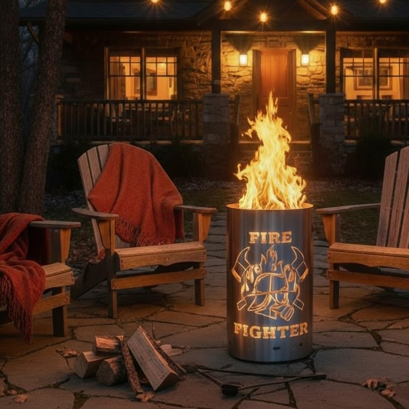 TiKo-Design Feuertonne - Lagerfeuertonne - Feuerkorb mit Firefighter/Feuerwehrmann Motiv – Verleihen