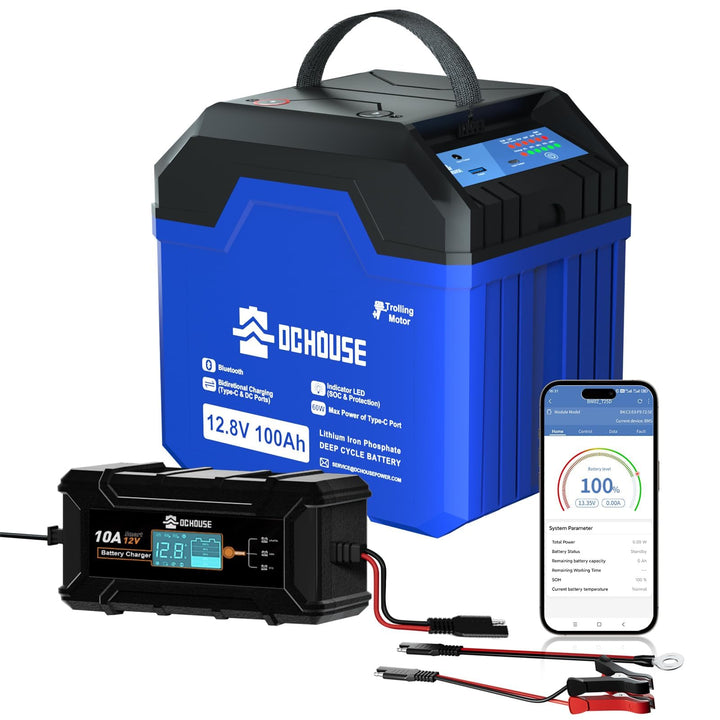 DCHOUSE 12V 100Ah LiFePO4 Bluetooth Lithium Batterie mit 10A Ladegerät, bis zu 15000 Ladezyklen, 128