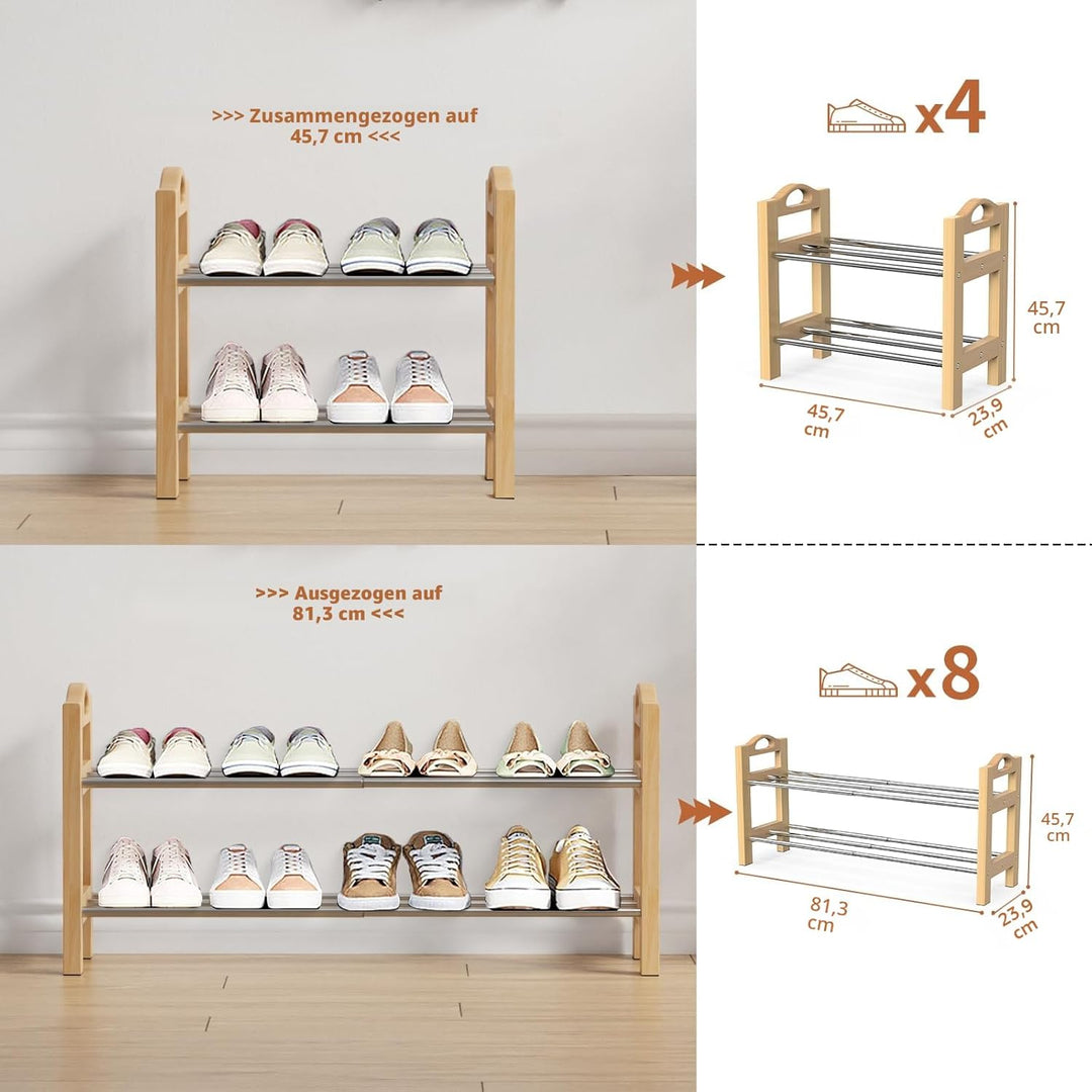 LEMIKKLE Schuhregal, 2-lagiges erweiterbares schuhschrank aus Holz, kleines Schuhregal schmal für En