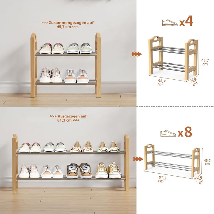 LEMIKKLE Schuhregal, 2-lagiges erweiterbares schuhschrank aus Holz, kleines Schuhregal schmal für En