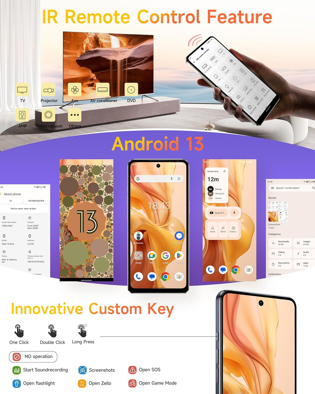 Ulefone Note 18 Ultra 5G Smartphone, 12GB+256GB/SD-2TB Handy Ohne Vertrag 50MP+50MP+32MP Kamera 6,78