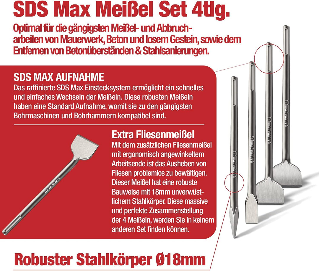 SCHWABENBACH ® SDS Max Meissel Set - 4tlg. 25mm + 50mm + 50mm (Abgewinkelt) + Spitzmeissel - EXTREM