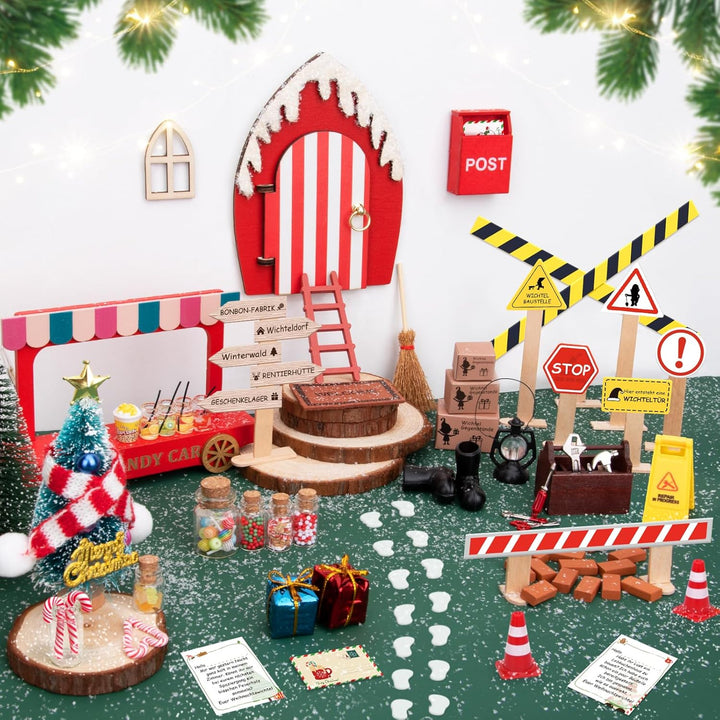 Wichtel Zubehör, 43 PCS Wichtel Set Weihnachten Komplett, Wichteltür Set mit Baustelle und Backset,
