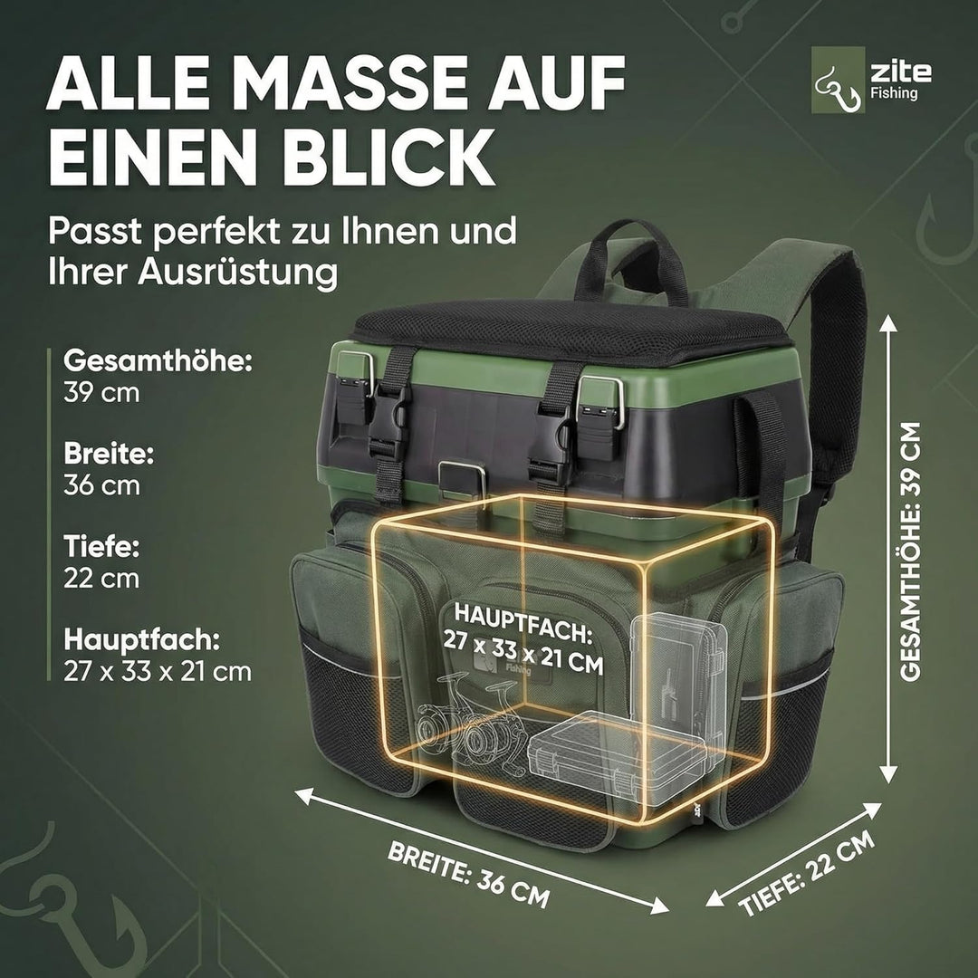 Zite Fishing Multi Angel-Koffer-Rucksack & Sitz-Kiepe in 1 - Inklusive 4 Tackle-Boxen für Angelzubeh