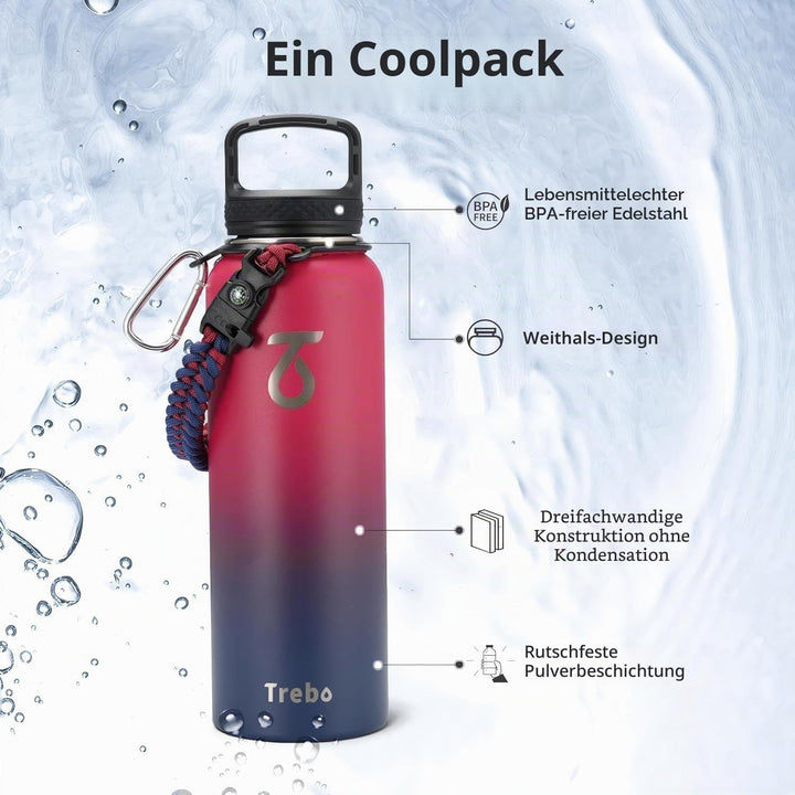 Trebo 1,2 l Wasserflasche mit 3 Deckeln und Griff, vakuumisoliert, Edelstahl, auslaufsicher, BPA-fre