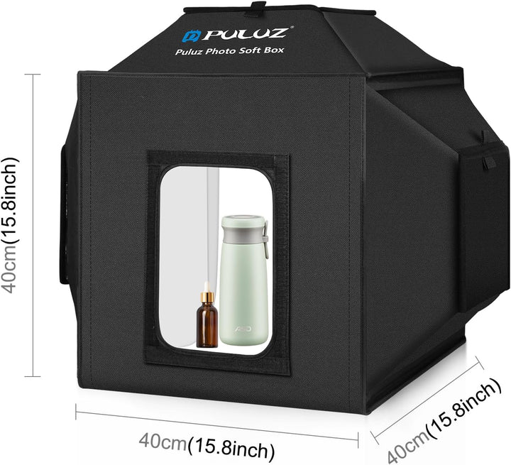PULUZ 40 cm Fotobox Softbox 40x40cm Fotostudio Lichtzelt mit 5500K Beleuchtung & 4 Farben Hintergrün
