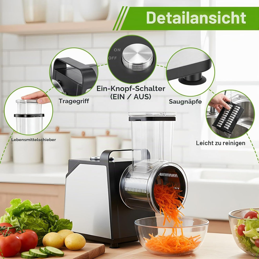 Gemüseschneider Elektrisch 250W, Gemüsehobel Elektrisch mit 7 Edelstahlklingen, Elektrische Reibe mi