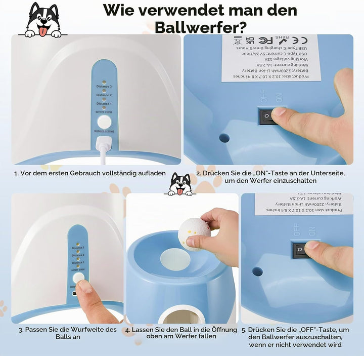 Ballwurfmaschine für Hunde,Mit 6 Tennisbälle,Mit 3 Distanzstufen,Wiederaufladbarem,Ballwurfmaschine