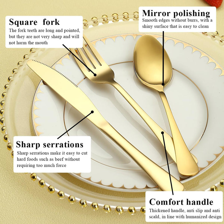 Gold Besteck Set 60 Teile Service für 20, Edelstahl Messer Löffel Gabeln Set für Hochzeit, Partys, A