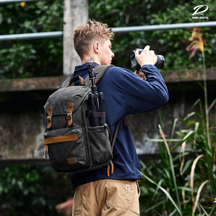 Padwa Lifestyle Kamerarucksack - Gewachstem Memory Canvas Kamerarucksack mit 16“ Laptop-/Objektivfac