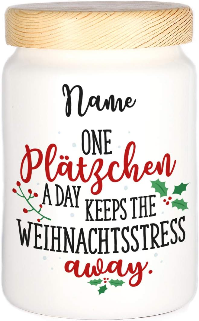 Herz & Heim® Keksdose personalisiert mit Ihrem Wunschnamen zu Weihnachten für Ihre Plätzchen (Spruch