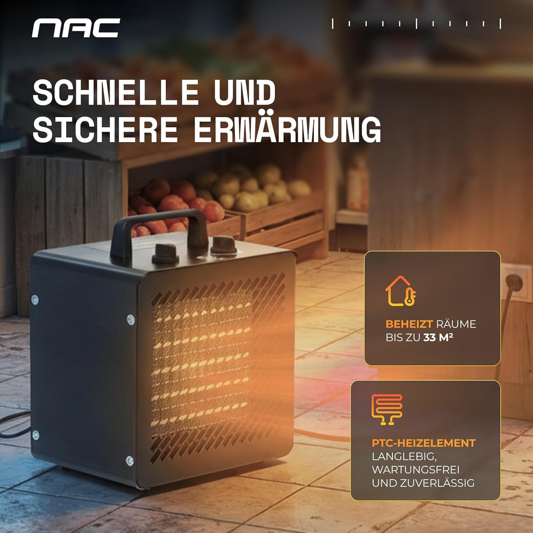 NAC Elektrischer Keramik Heizlüfter 3000 Watt - Heizstrahler mit Thermostat, Heizung Elektrisch - He