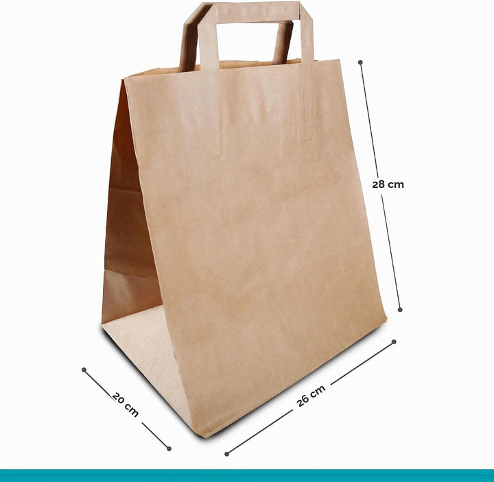 250 Stück Commerline Papiertüten Braun 26+20x28 cm | Kraftpapier Tüten Klein Mit Henkel | Tragetasch
