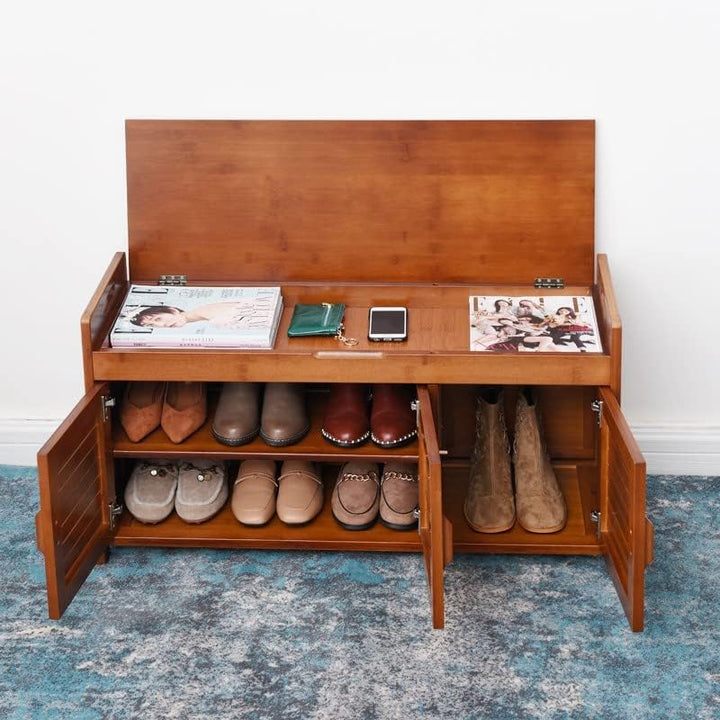 Kleine Schuhschrank mit Sitzbank, Holz Schuhregal mit Sitzfläche, Bambus Bank mit Stauraum und Sitzk