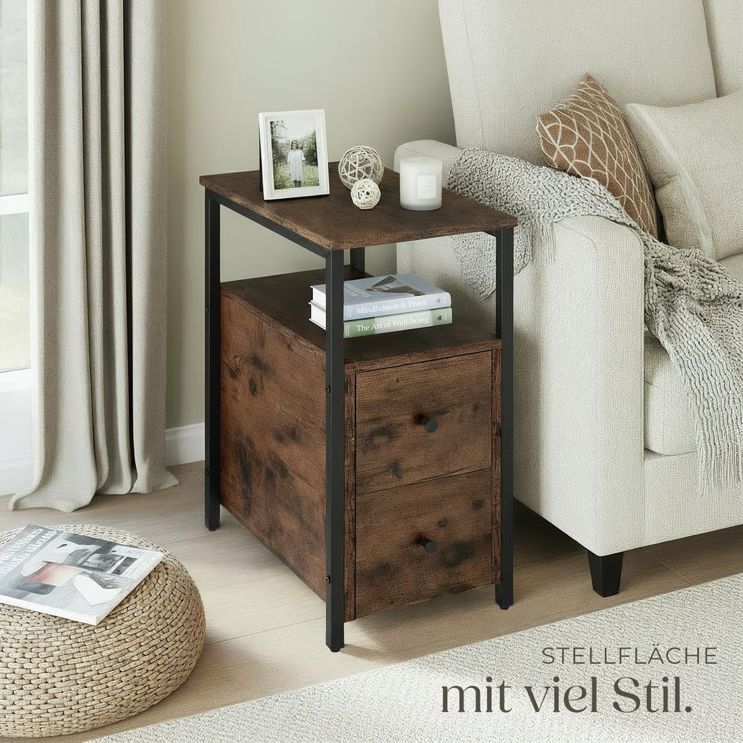 tectake Nachttisch mit 2 Schubladen und 2 Ablagen, schmaler Holz Beistelltisch, 30 x 49,5 x 61,5 cm,