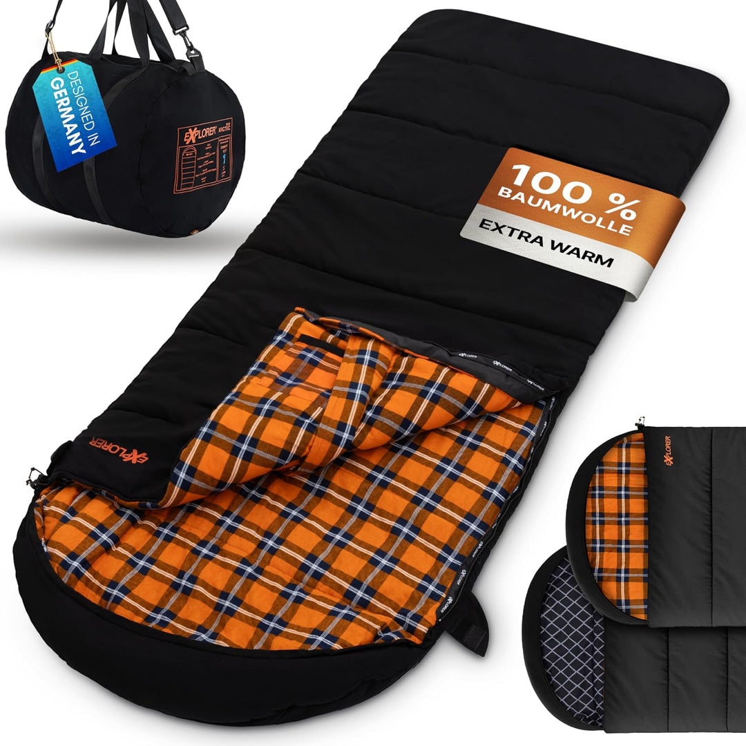 EXPLORER Arctic XXL Deckenschlafsack Winter -24°C Extrem – Camping Schlafsack aus 100% Baumwolle &amp; F