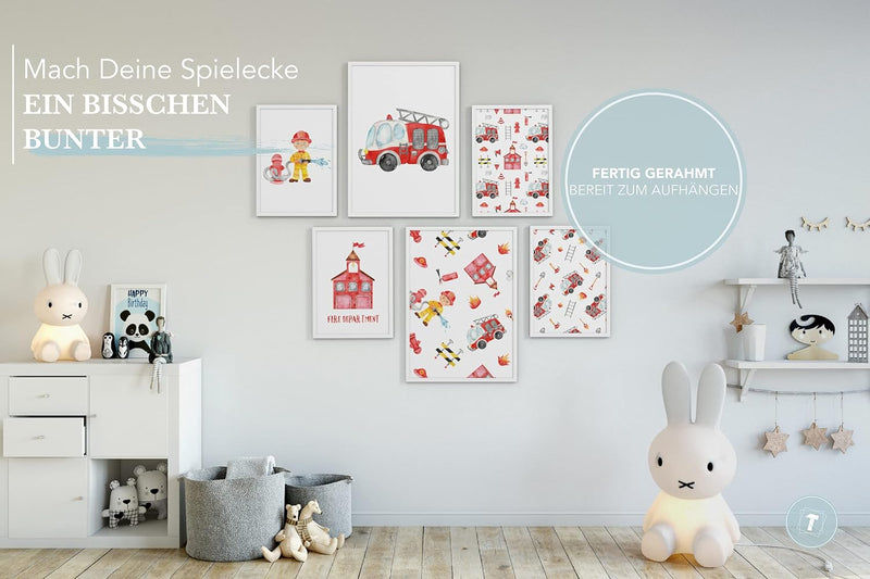 Papierschmiede® Bilder Kinderzimmer Kids Mood Poster Set Feuerwehr, Gerahmte Bilder fürs Kinderzimme