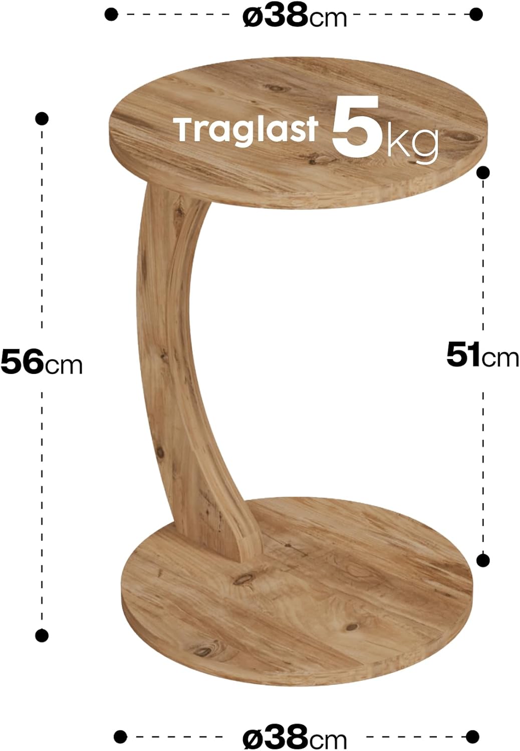 sugodesign Couchtisch mit Rollen, Kleiner Beistelltisch C Form, stylischer Sofatisch aus Holz in sch
