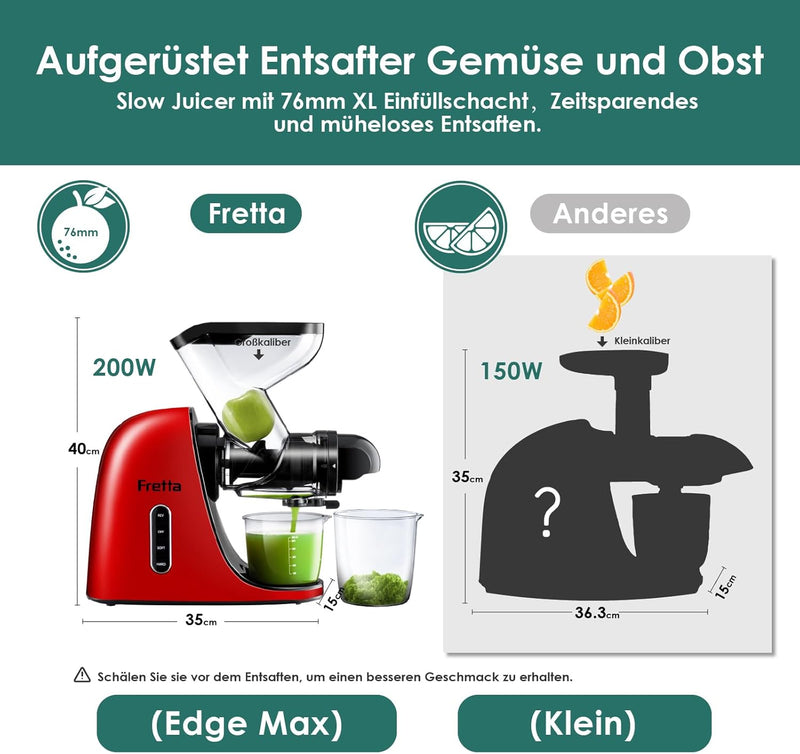 Fretta Masticating Juicer Slow Juicer Entsafter Gemüse und Obst Schwarz, 200W Obstpresse Elektrisch