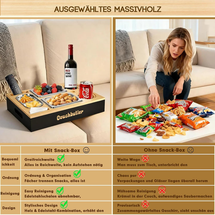 Couchbar Snackbox, Couch Tablett mit Geschenkbox, Couch Butler, Sofa Tablett mit 2 Snackschalen, Get