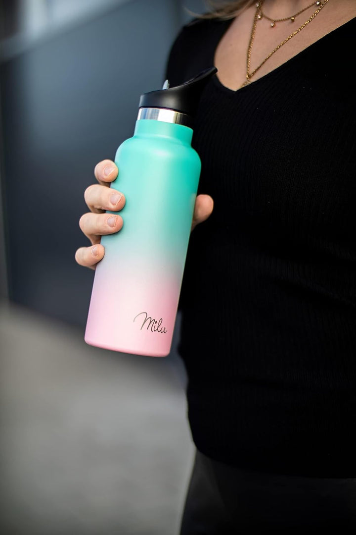 Milu Edelstahl Trinkflasche 500ml, 750ml, 1L (+3 Deckel) - Thermosflasche mit Strohhalm, Isolierte W