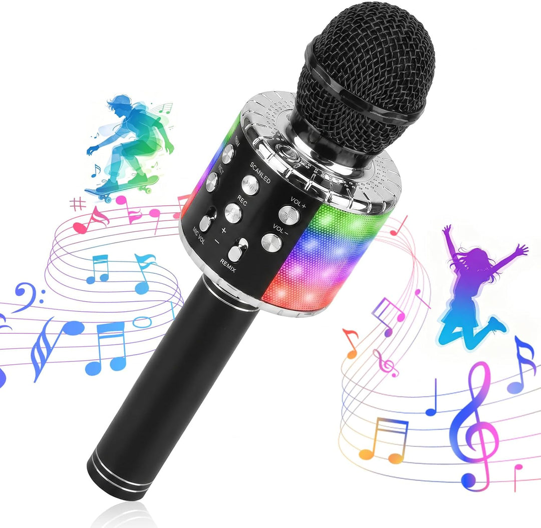 ShinePick Mikrofon Kinder Bluetooth, 4-in-1 Drahtloses Karaoke Mikrofon, Tragbare LED Microphone Spi