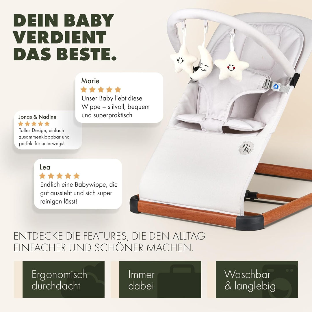 KUNU® Babywippe Neugeborene bis 24 Monate - Sichere Baby Wippe mit praktischer Tragetasche - Faltbar