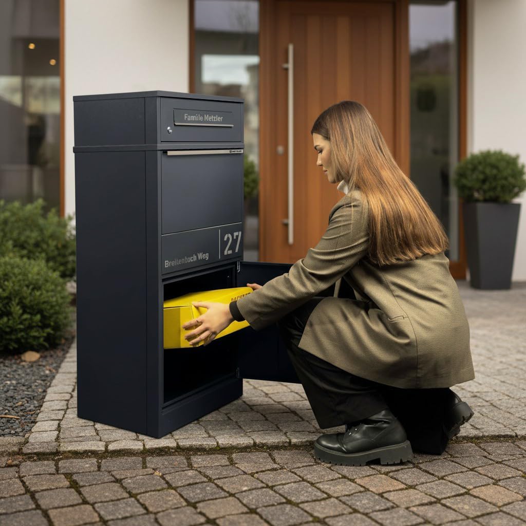 Metzler Paketbox draussen gross in Anthrazit - Briefkasten mit Paketfach personalisiert mit Gravur -