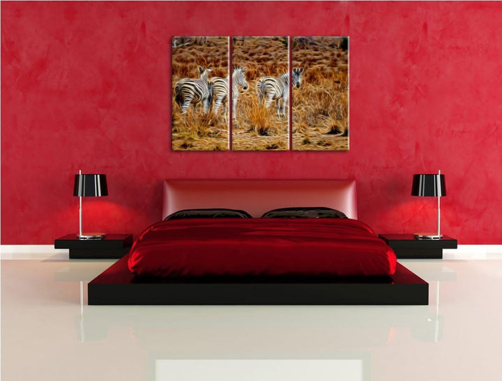 Zebraherde im Wildgras Spezial 3-Teiler Leinwandbild 120x80 Bild auf Leinwand, XXL riesige Bilder fe