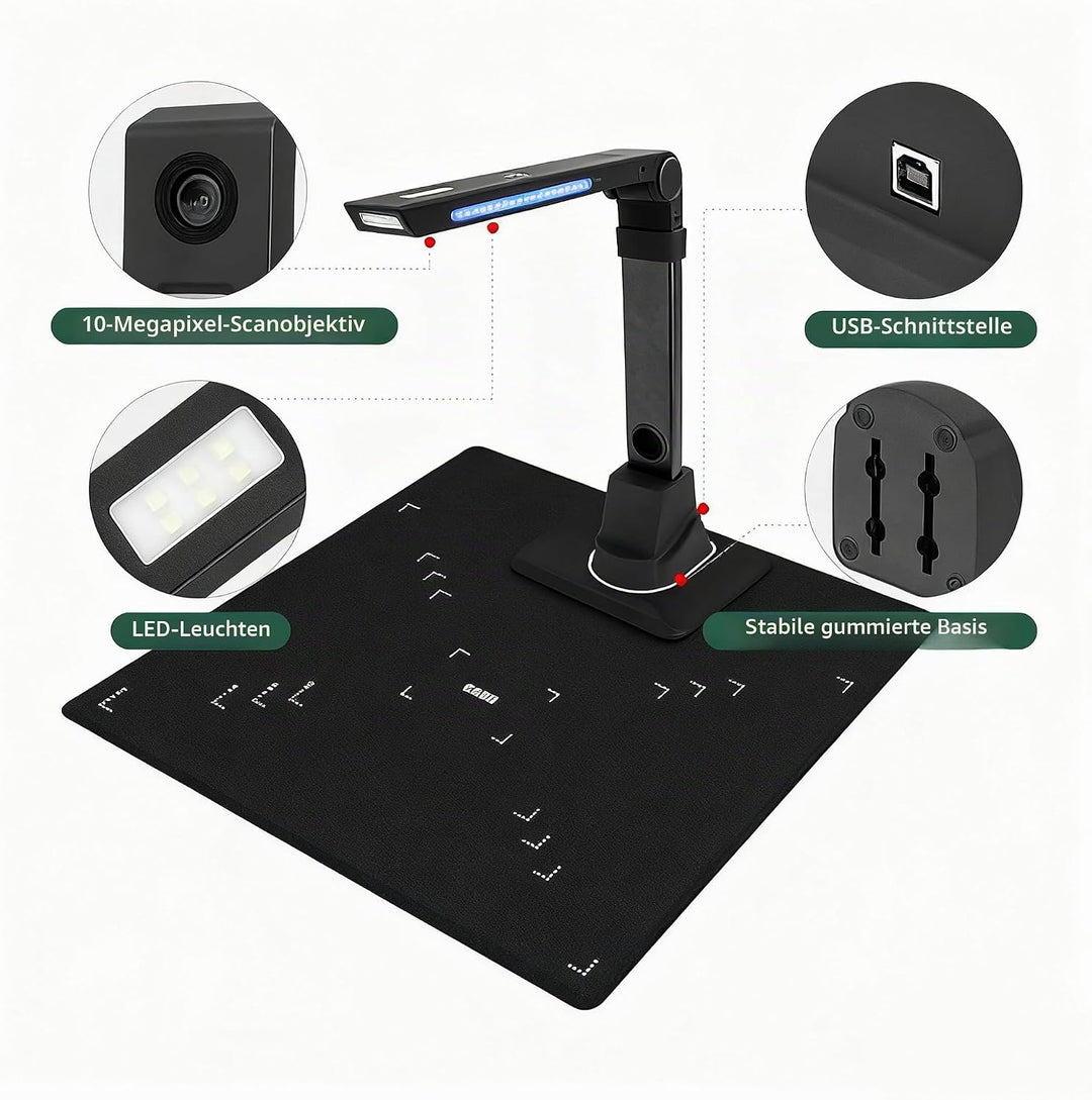 A3 Document Scanner USB Dokumentenscanner 13MP Faltbare Buchscanner OCR Visualizer 3-Level LED Dokum