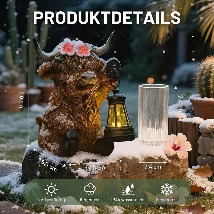 Highland Cow Kuh Figuren mit Blumen Solar Deko für Gartendeko &amp; Wohnzimmer - Solar-Laterne, Bernstei