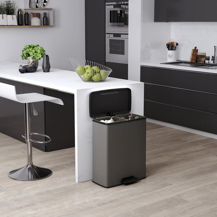 Curver Decobin Duo Tretmülleimer, 52L Gesamtvolumen, Grau – mit Mülltrennung und 2 herausnehmbaren 2