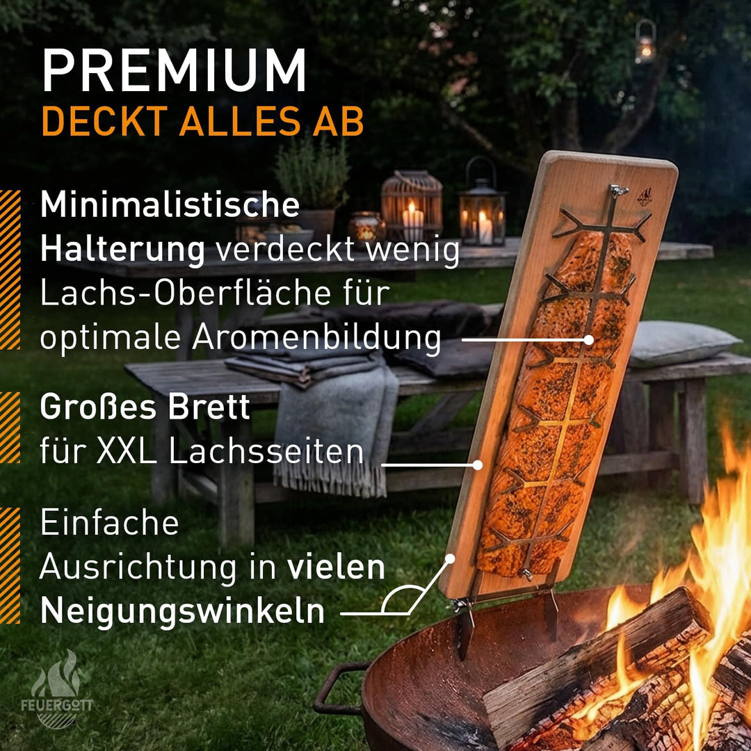 Flammlachsbrett Premium - Buchenholz mit Edelstahl-Halterung zum Grillen und Räuchern von Lachs, For