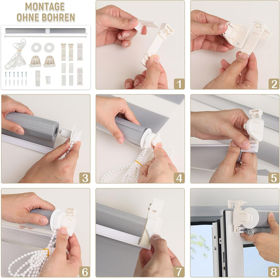 Deswell Doppelrollo Klemmfix ohne Bohren Weiss-Beige-Braun B90 x H140 cm (Stoffbreite 86cm) Rollos f