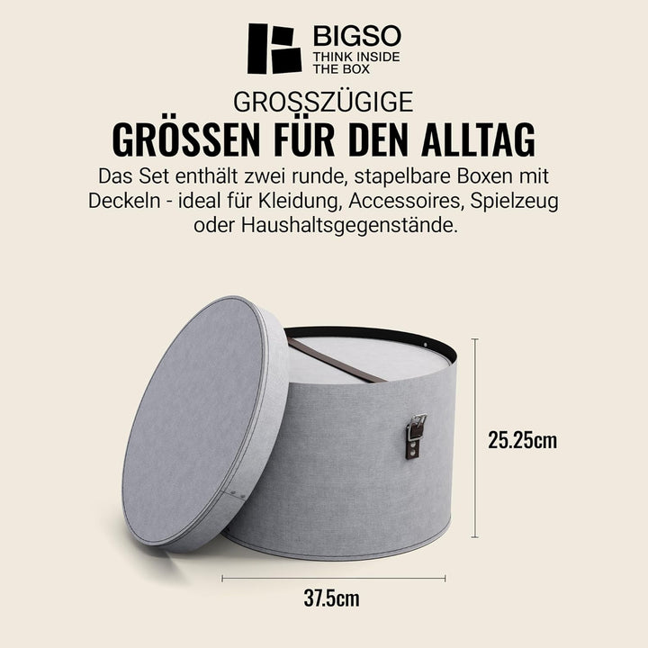 BIGSO RUT 2er-Set Aufbewahrungsbox mit Deckel – runde Ordnungsbox mit Lederriemen – grosse und klein