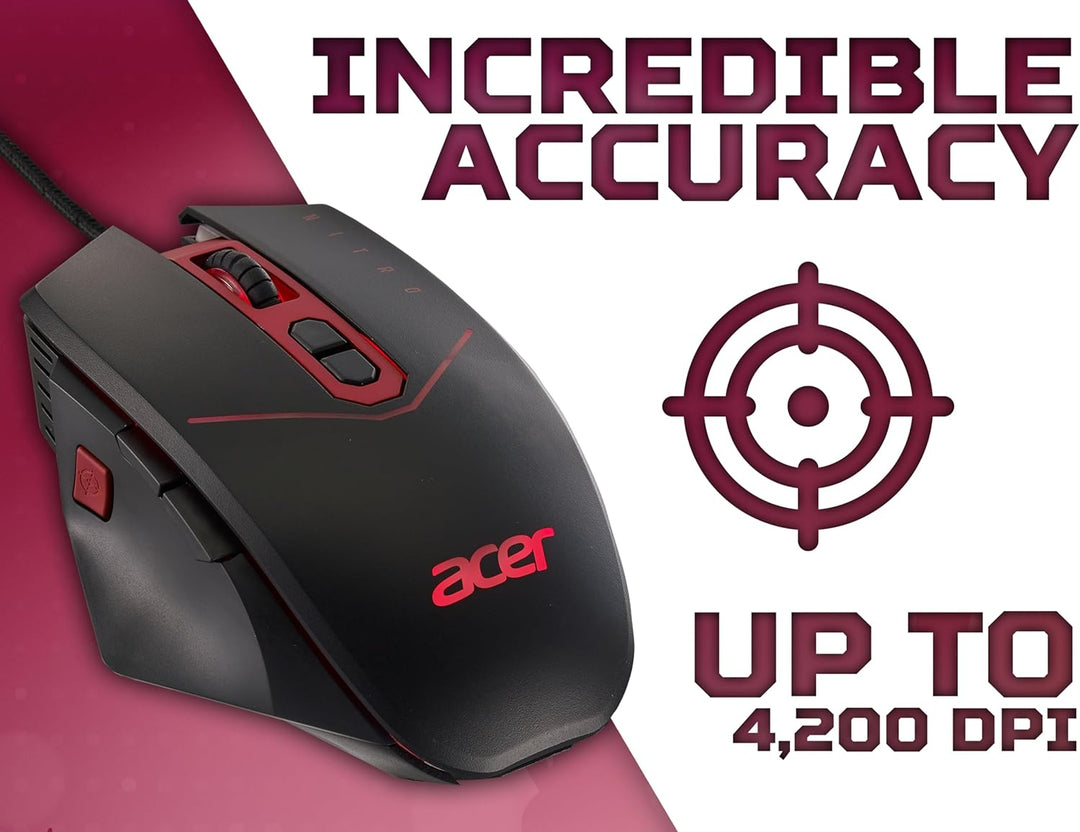 Acer Nitro Gaming Maus (4.200 DPI, anpassbar mit Vier Stufen und acht Tasten inkl. Burst Fire, LED B