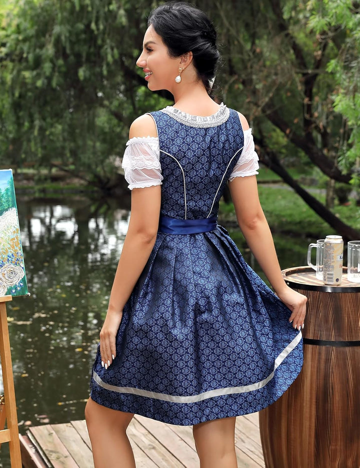 Clearlove Damen Dirndl midi 3tlg.Trachtenkleid für Oktoberfest,Karneval,DREI Teilig: Kleid, Bluse, S