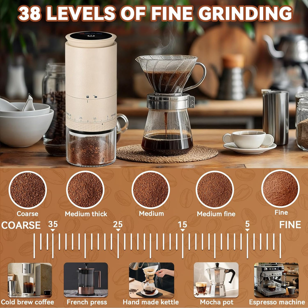Kaffeemühle Elektrisch, USB Wiederaufladbare Tragbare Kaffemühle, Konische Mühle für Espresso mit LE