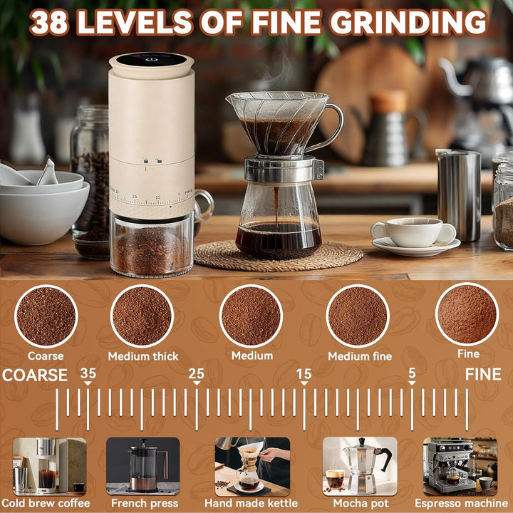 Kaffeemühle Elektrisch, USB Wiederaufladbare Tragbare Kaffemühle, Konische Mühle für Espresso mit LE