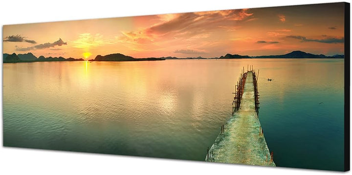 Paul Sinus Art Panoramabild auf Leinwand und Keilrahmen 150x50cm Meer Steg Sonnenuntergang